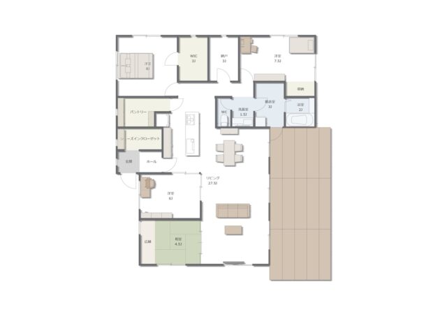 ウッドデッキが心地よい40坪の平屋