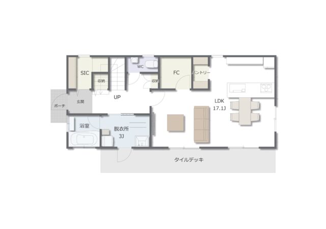 タイルデッキのある4LDKの家